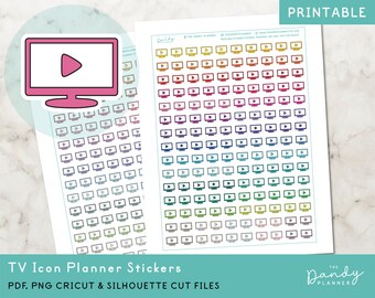 May include: Printable planner stickers featuring a TV icon with a play button. The stickers are arranged in rows and columns on a white background. The stickers are in various colors, including red, orange, yellow, green, blue, purple, and pink.