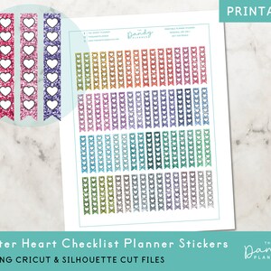 Könnte beinhalten: Druckbare Planer-Aufkleber mit Glitzer-Herz-Checklisten-Designs in verschiedenen Farben. Die Aufkleber umfassen Rosa, Lila und Blau. Der Text "Glitter Heart Checklist Planner Stickers" ist sichtbar.
