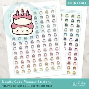 Stickers planificateur de gâteau d'anniversaire kawaii à imprimer, autocollants de planification de célébration, autocollant imprimable bricolage, stickers découpés kawaii et découpés à la machine