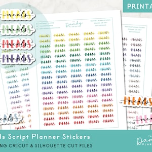 May include: A collection of printable planner stickers with the word "meals" in a script font. The stickers are in various colors, including yellow, green, red, and purple. The image also includes the text "Meals Script Planner Stickers".