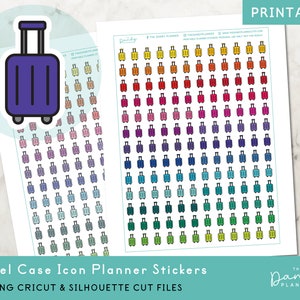 Könnte beinhalten: Druckbare Planer-Aufkleber mit einem Regenbogen aus bunten Koffer-Icons. Die Aufkleber sind perfekt für die Reiseplanung und -organisation.