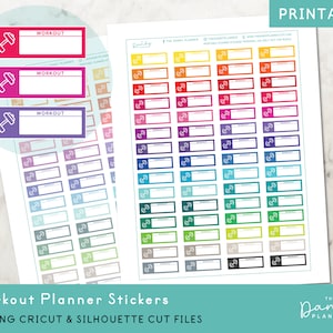 May include: Printable workout planner stickers with a dumbbell icon and space for writing. The stickers are in a variety of colors, including red, orange, yellow, green, blue, purple, and pink.