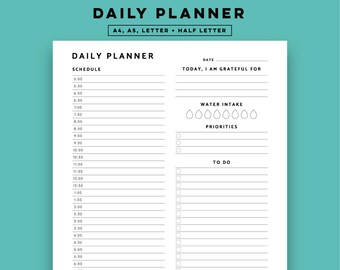 May include: A white daily planner with black text. The planner includes sections for scheduling, water intake, priorities, and to-do lists. The text "DAILY PLANNER" is at the top, with size options listed below. The planner is designed for instant download.