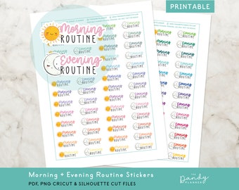May include: Printable sheet of stickers with a sun and moon design. The stickers say "Morning Routine" and "Evening Routine" in various colors. The text "Printable" is at the top of the sheet.