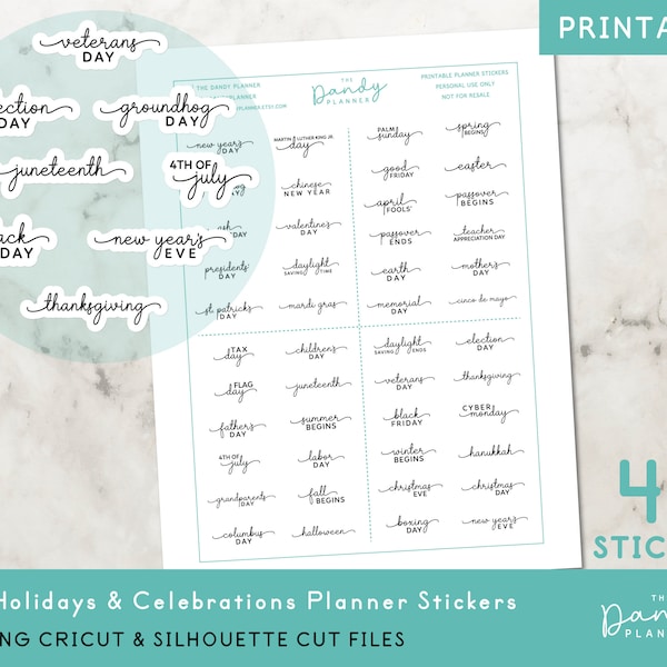 US Holiday and Celebration Script Printable Planner Stickers, United States Holidays Printable Planner Stickers PDF + CUT Files
