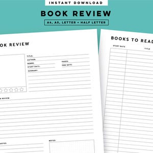Libros para leer imprimibles, organizador de reseñas de libros, insertos de planificador A5, A4, media carta y carta (PDF, descarga instantánea)