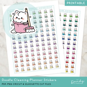 May include: Printable planner stickers featuring a cartoon cat holding a mop and bucket. The stickers are in a variety of colours and are perfect for adding a touch of fun to your planner.