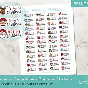 May include: A set of 24 printable Christmas countdown planner stickers featuring various festive illustrations, including a reindeer, Santa Claus, a snowman, a gingerbread man, a Christmas tree, and a stocking. The stickers are designed to be used in a planner or calendar to count down the days until Christmas.