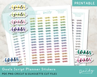 Puede incluir: Pegatinas imprimibles para planificador con la palabra "goals" en varios colores y fuentes. Las pegatinas están diseñadas para usar con un planificador o diario. Las pegatinas están disponibles en archivos PDF, PNG, Cricut y Silhouette.