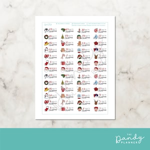 May include: A sheet of 40 Christmas countdown stickers featuring various festive icons like penguins, Christmas trees, Santa Claus, and gingerbread men. Each sticker has a number and the text "days to Christmas".