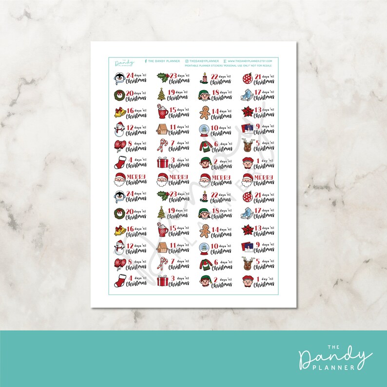 May include: A sheet of 40 Christmas countdown stickers featuring various festive icons like penguins, Christmas trees, Santa Claus, and gingerbread men. Each sticker has a number and the text "days to Christmas".
