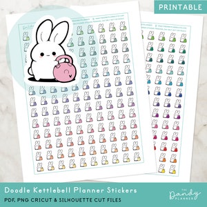 May include: Printable planner stickers featuring a white bunny holding a pink kettlebell. The stickers are arranged in a grid pattern with a variety of colors, including blue, green, purple, pink, orange, and yellow.