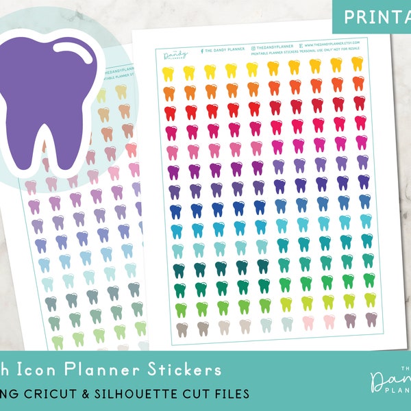 Tooth Icon Planner Stickers Printable, Dentist Appointment Icons Planning Stickers, DIY Printable Sticker, Hand Cut & Machine Cut Stickers