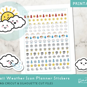 Kawaii Doodle Weather Planner Stickers Imprimable, Autocollants de planification d'icône météo mignon, Autocollants météo imprimables, Autocollants météo bricolage