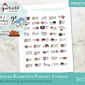 May include: A set of 36 Christmas planner stickers featuring festive illustrations and text. The stickers include activities like building a snowman, baking cookies, decorating a tree, and more. The stickers are printed on white paper with a red and green color scheme.
