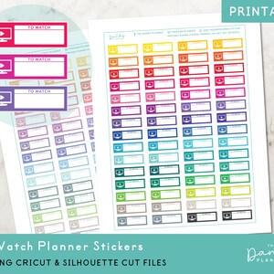 May include: Printable planner stickers featuring colorful "To Watch" labels. Each label includes a TV screen icon and space to write. The stickers come in various colors, including pink, purple, and green. The text "To Watch" is displayed on each label.