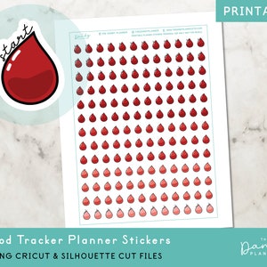 May include: Printable period tracker planner stickers featuring a red blood drop design. The stickers are in a gradient of red, pink and white. The sheet includes the text "Period Tracker Planner Stickers" and "PDF, PNG Cricut & Silhouette Cut Files".