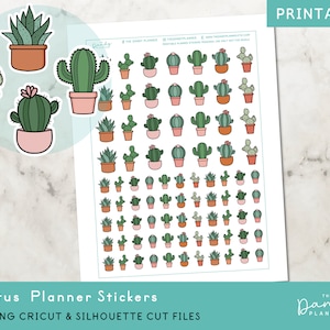 Doodle Cactus Icons Planner pegatinas imprimibles, cactus plantas iconos planificación pegatinas, pegatina imprimible diy, pegatinas cortadas a mano y cortadas a máquina