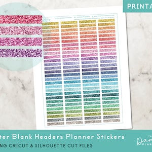 Puede incluir: Pegatinas imprimibles para planificador con encabezados en blanco con purpurina en varios colores. Las pegatinas incluyen tonos de rosa, morado, azul, verde, dorado y plateado. El texto "Glitter Blank Headers Planner Stickers" está en la parte inferior de la imagen.