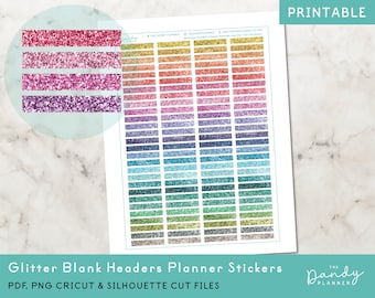 Glitter Blank Header Planner Stickers Printable, Rainbow Glitter Headers Planner Stickers, Printable Glitter Headers Planner Stickers