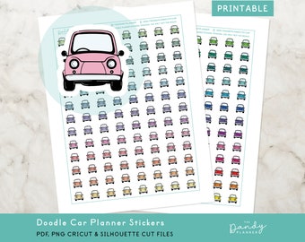 May include: Printable planner stickers featuring a doodle of a car in various colors. The stickers are arranged in a grid pattern on a white background. The text "Doodle Car Planner Stickers" and "PDF, PNG Cricut & Silhouette Cut Files" is at the bottom of the sheet.