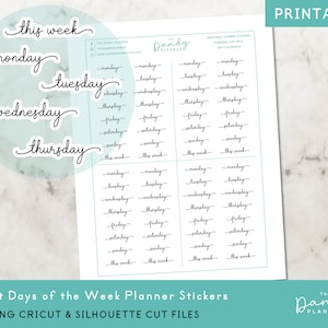 Days of the Week Script Planner Sticker zum Ausdrucken, Kalender Sticker, Kalender Sticker PDF + CUT Dateien, Wochentag Planer Sticker