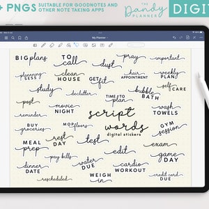Life Script Words DIGITAL Stickers, 100+ Script Sticker Words for Digital Planning, PNG Pre Cropped Digital Planner Stickers GoodNotes