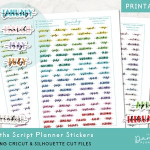Mesi Script Planner adesivi stampabili, script pastello Mesi dell'anno Planner adesivi, adesivo stampabile Planner mensile