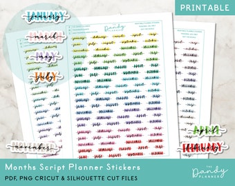 Months Script Planner Stickers Printable, Pastel Script Months of the Year Planner Stickers, Printable Planner Sticker Monthly