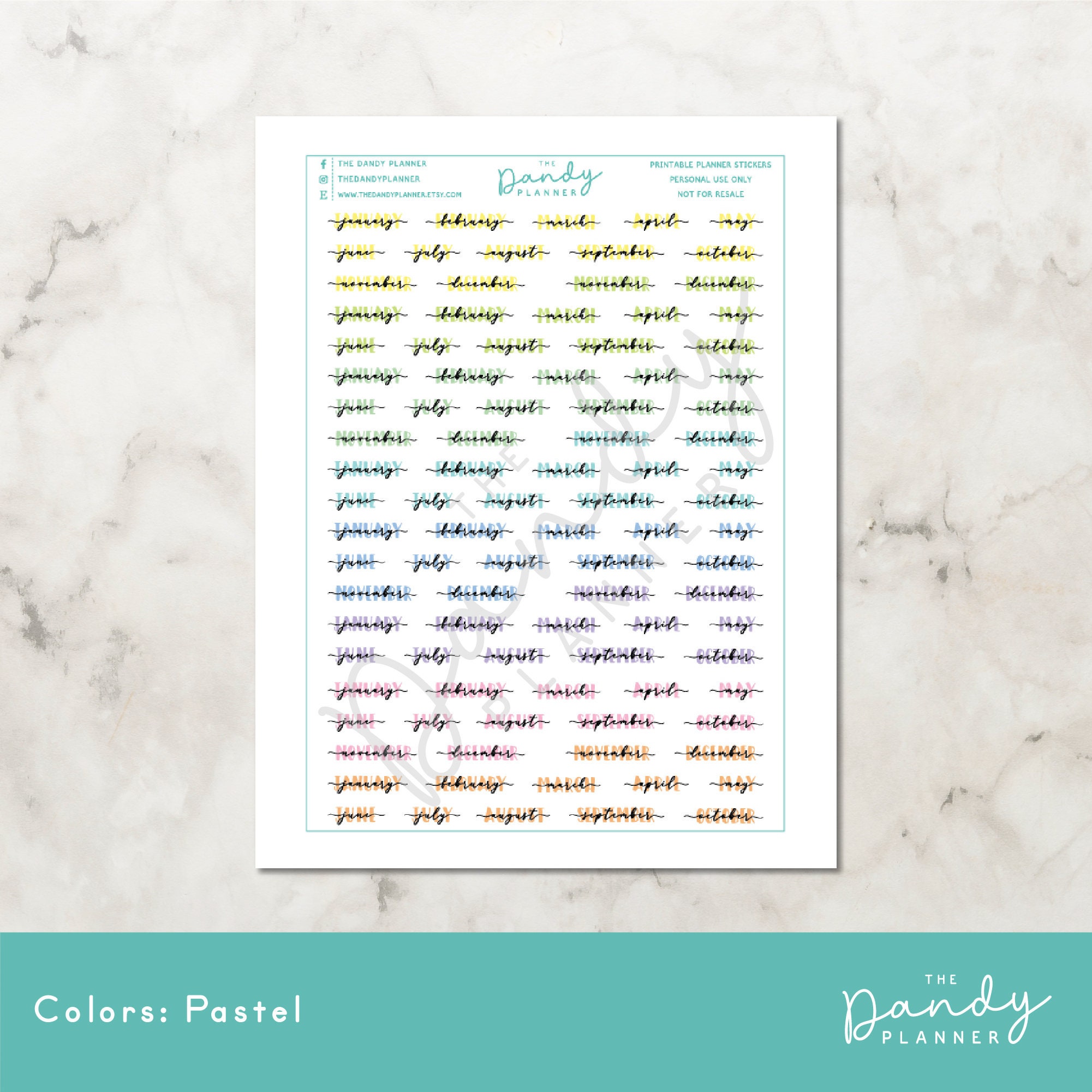 Months Script Planner Stickers Printable, Pastel Script Months of the ...