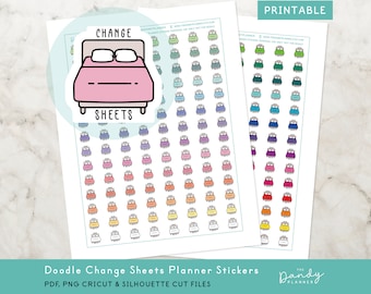 May include: Printable planner stickers featuring a bed with a variety of colors. The stickers say "Change Sheets" and are designed for use in a planner.