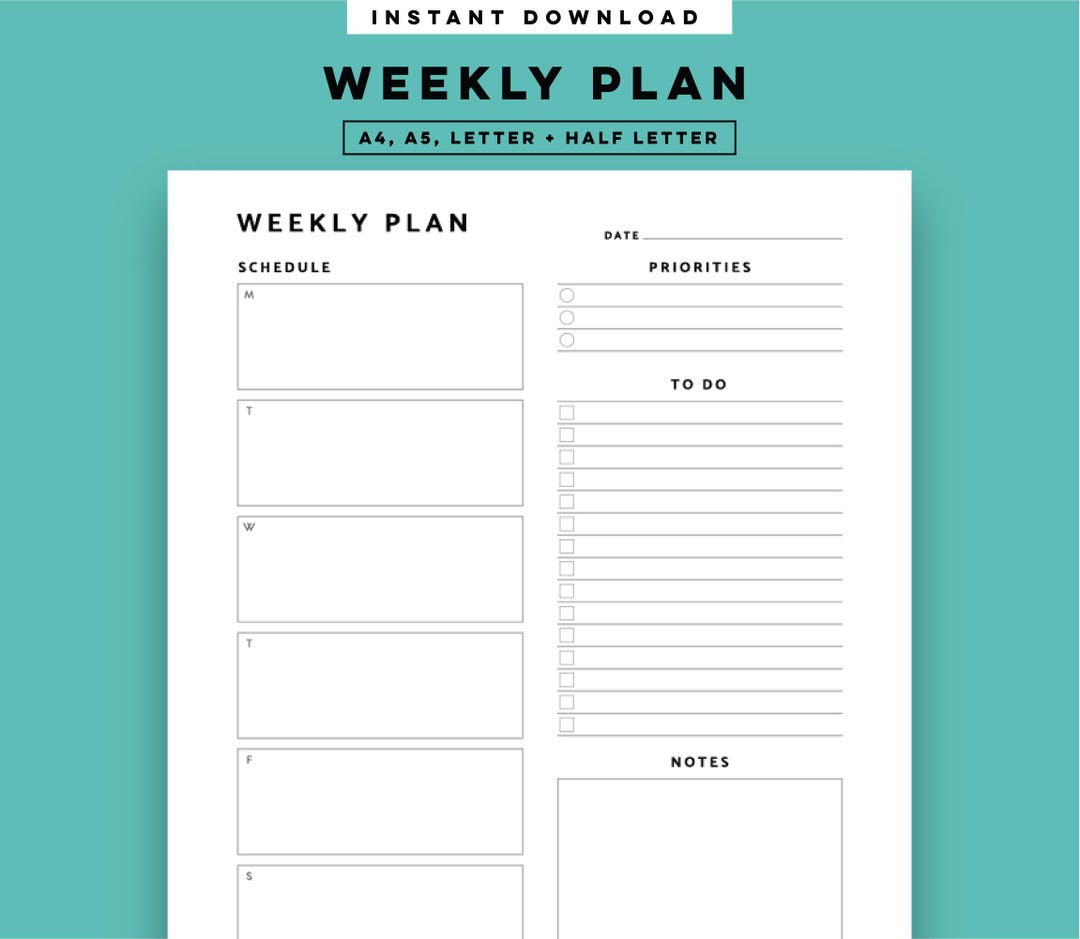 Weekly Planner Printable: A4 A5 Letter Sizes (PDF Download) - Monday ...