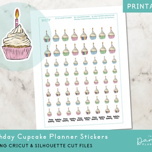Birthday Cupcake Stickers Printable, Birthday Planner Stickers, Hand Drawn Birthday Cake Printable Planner Stickers