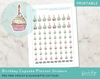 Birthday Cupcake Stickers Printable, Birthday Planner Stickers, Hand Drawn Birthday Cake Printable Planner Stickers