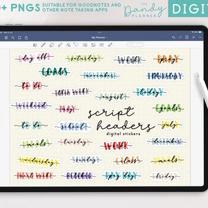 May include: A digital planner sticker set with colorful script headers for Goodnotes and other note-taking apps. The stickers include words like "day off", "goals", "to do", "weekend", "school", "meals", "work", "class", "pay day", "today", "this week", "next week", "August", "July", "December", "November", "October", "May", "Saturday", "Sunday", "Thursday", "Tuesday", "Wednesday", "Friday", "January", "February", "March", "April", "June", "September", and "script headers".