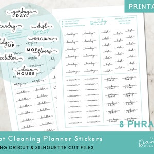 May include: Printable cleaning planner stickers with eight phrases: "garbage day", "laundry", "dust", "vacuum", "mop floors", "tidy up", "declutter", and "clean house". The stickers are in a script font and are printed on white paper.