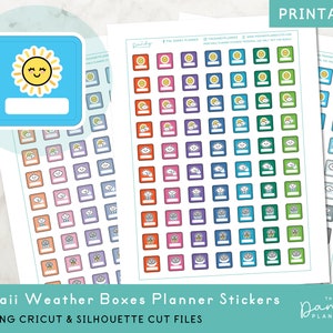 Doodle Kawaii Weather Planner pegatinas imprimibles, lindas pegatinas de planificación de iconos del tiempo, pegatinas meteorológicas imprimibles, pegatinas meteorológicas diy