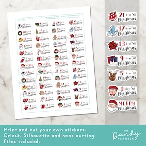May include: A set of 24 printable Christmas countdown stickers featuring various festive illustrations, including Santa Claus, a snowman, a reindeer, and a gingerbread man. Each sticker has a number from 1 to 24 and the text "days 'til Christmas".