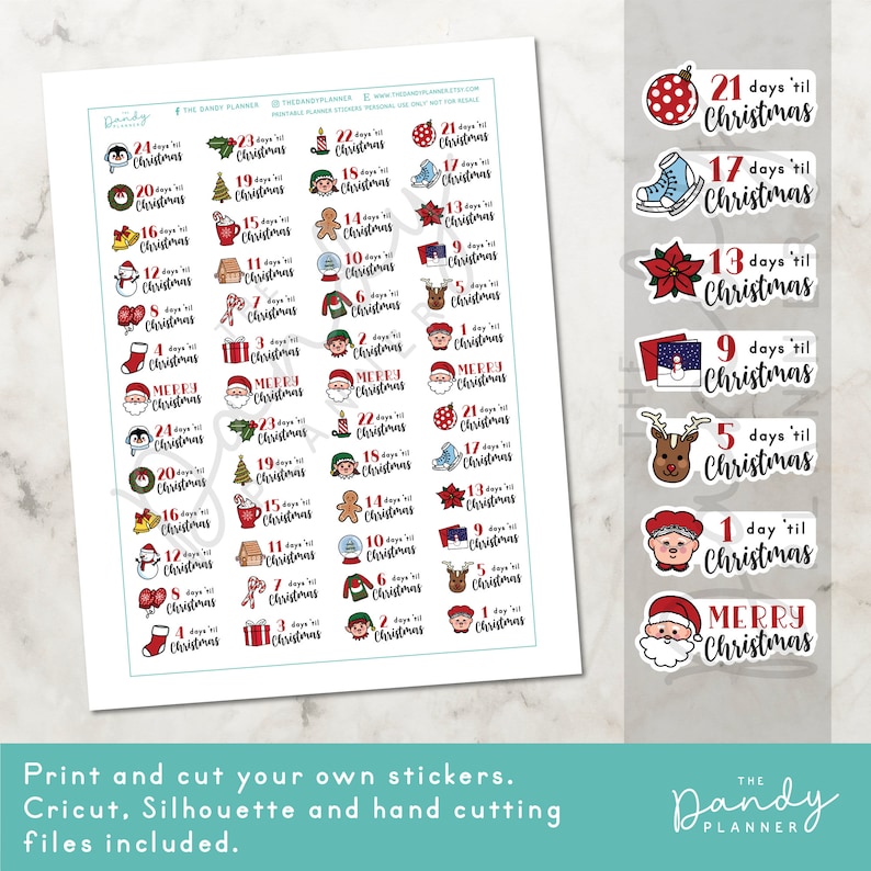May include: A set of 24 printable Christmas countdown stickers featuring various festive illustrations, including Santa Claus, a snowman, a reindeer, and a gingerbread man. Each sticker has a number from 1 to 24 and the text "days 'til Christmas".