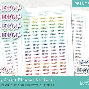 May include: Printable planner stickers with the word "today" in various colors and fonts. The stickers are designed for use with a planner or journal. The stickers are available in PDF, PNG, Cricut and Silhouette cut files.