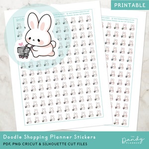 Kawaii Shopping Planner Stickers Printable, Shopping Trolley Stickers, DIY Printable Sticker, Bunny Shopping Cut & Machine Cut Stickers
