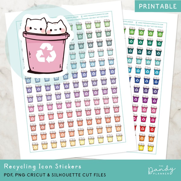 Recycling Icon Planner Stickers Printable, Recycle Planning Stickers, DIY Printable Sticker, Kawaii Recycle Bin Cut & Machine Cut Stickers