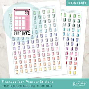Pegatinas del planificador de iconos de finanzas imprimibles, pegatinas de planificación financiera de la calculadora, pegatinas imprimibles de bricolaje, pegatinas de corte financiero y corte a máquina