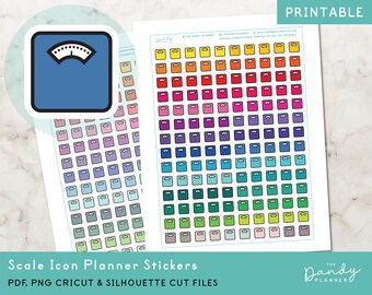 May include: Printable planner stickers featuring a scale icon in various colors. The stickers are arranged in a rainbow pattern. The text "Printable" is at the top of the image. The text "Scale Icon Planner Stickers" is at the bottom of the image. The text "PDF, PNG Cricut & Silhouette Cut Files" is below the title.