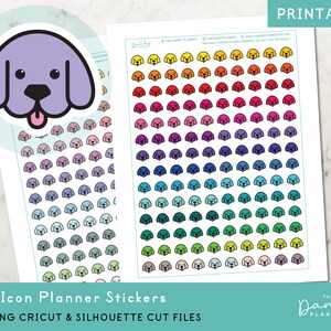 May include: Printable planner stickers featuring a rainbow of colors with a dog icon design. The stickers are perfect for adding a touch of fun to your planner.