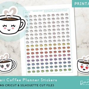 Kawaii Coffee Planner Stickers Printable, Kawaii Coffee Planning Stickers, Cute Coffee Sticker, Printable Coffee Cup Planner Stickers