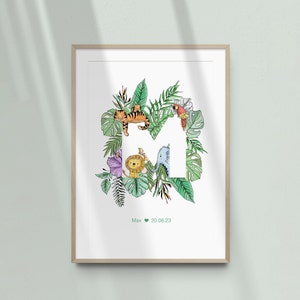 Arte de impressão de letras de safári, ilustração inicial de animal do zoológico, decoração de quarto de bebê personalizado para crianças, imagem de presente para bebê novo, nome personalizado