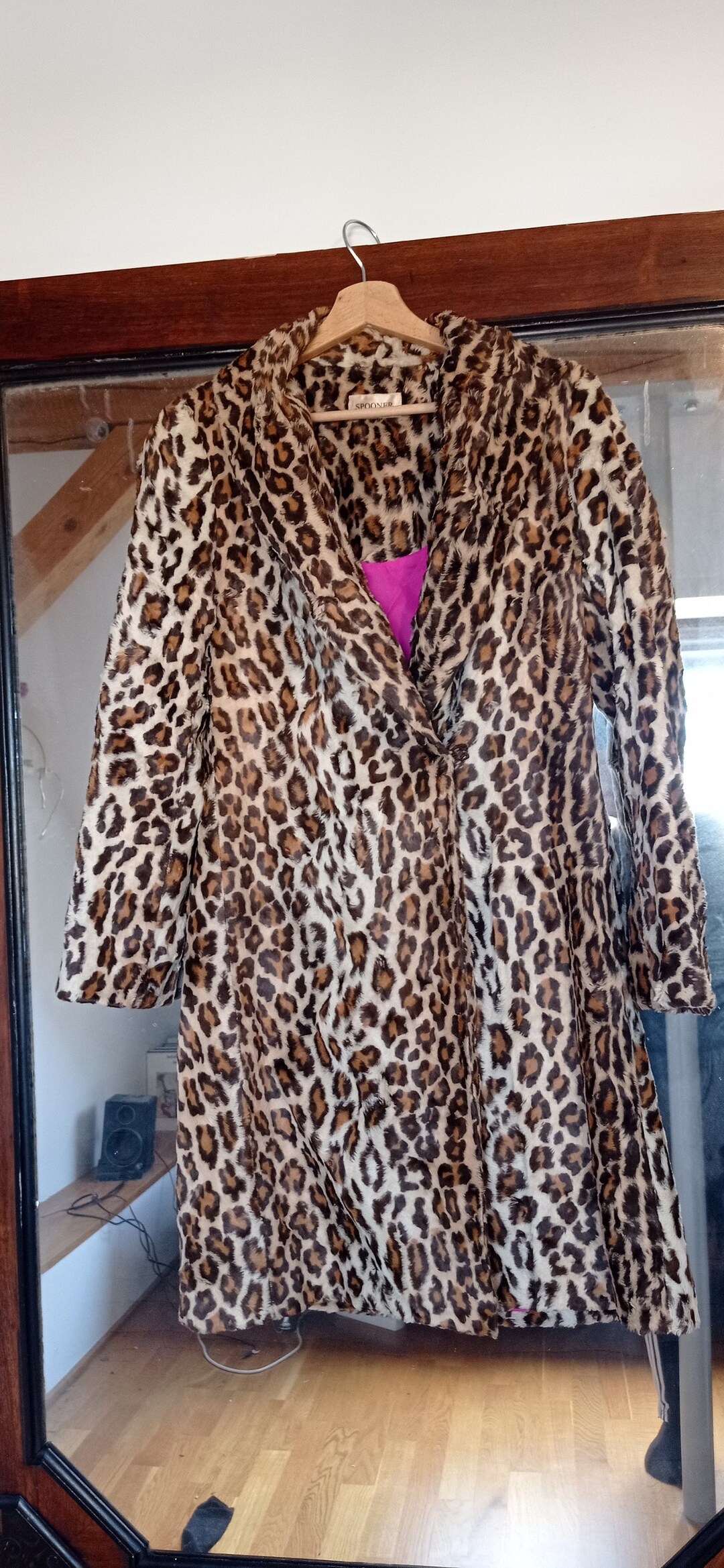ジャケット・アウター vintage leopard design far long coat DJBM Women's Sexy Elegant Vintage Leopard Print Lapel Faux