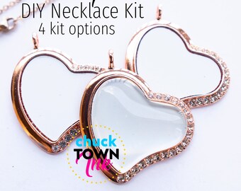 Charmed Heart Pendant Rose Gold DIY Jewelry Kit Sublimation Blank Collar Memory Photo Bezel Bandeja Rhinestones