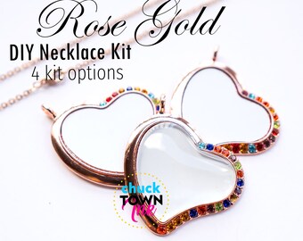 Charmed Heart Pendant ROSE GOLD Multicolor DIY Jewelry Kit Sublimation Blank Collar Memory Photo Bezel Bandeja Rhinestones